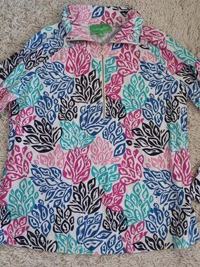 Pappagallo Womens XL Quarter Zip Pullover Top Tropical Leaf Print Stretch Cotton